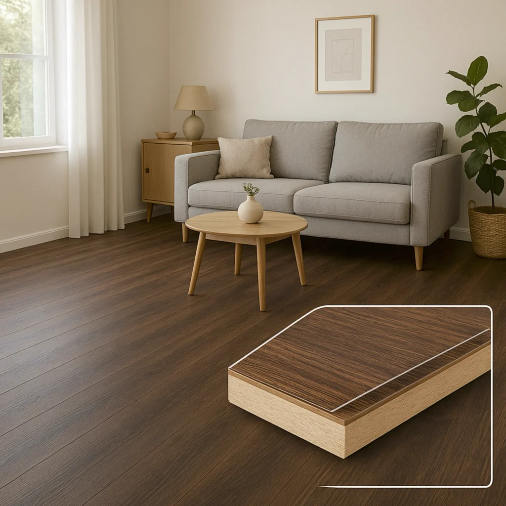 Laminátová podlaha v moderním obývacím pokoji se zobrazenou strukturou laminátové desky.